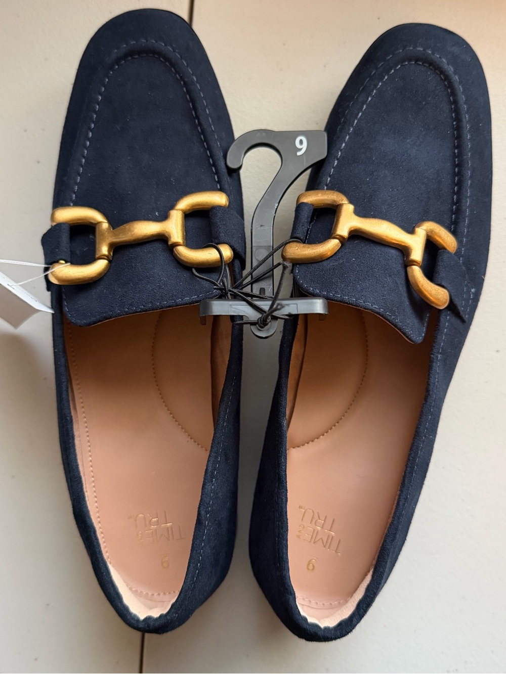 Time and Tru Navy Suede Loafers with Gold Horsebit